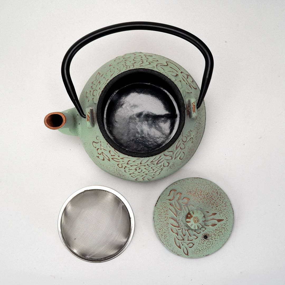 Mint Green Cast Iron Tea Set - Pot, 4 cups, infuser basket, and tea scoop
