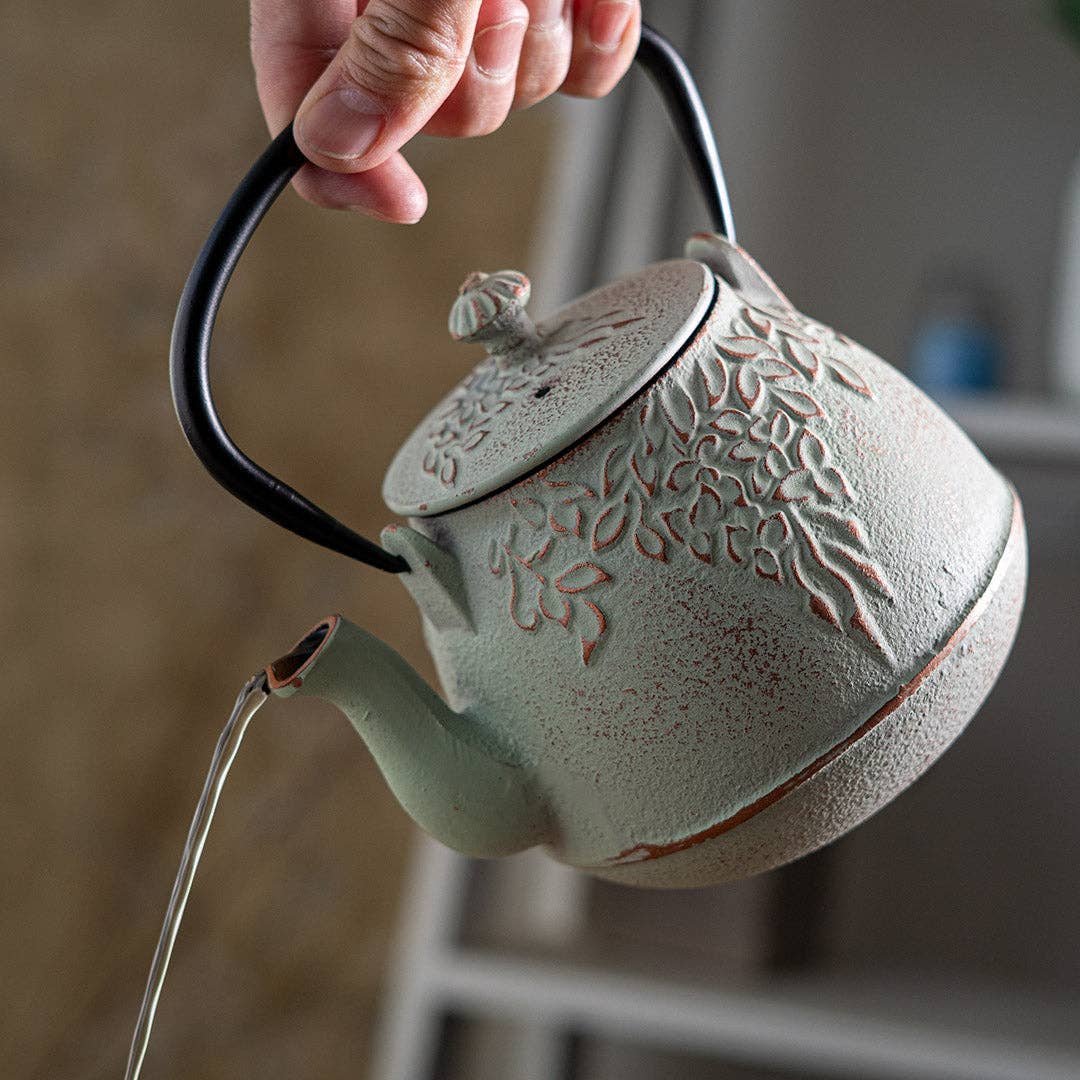 Mint Green Cast Iron Tea Set - Pot, 4 cups, infuser basket, and tea scoop